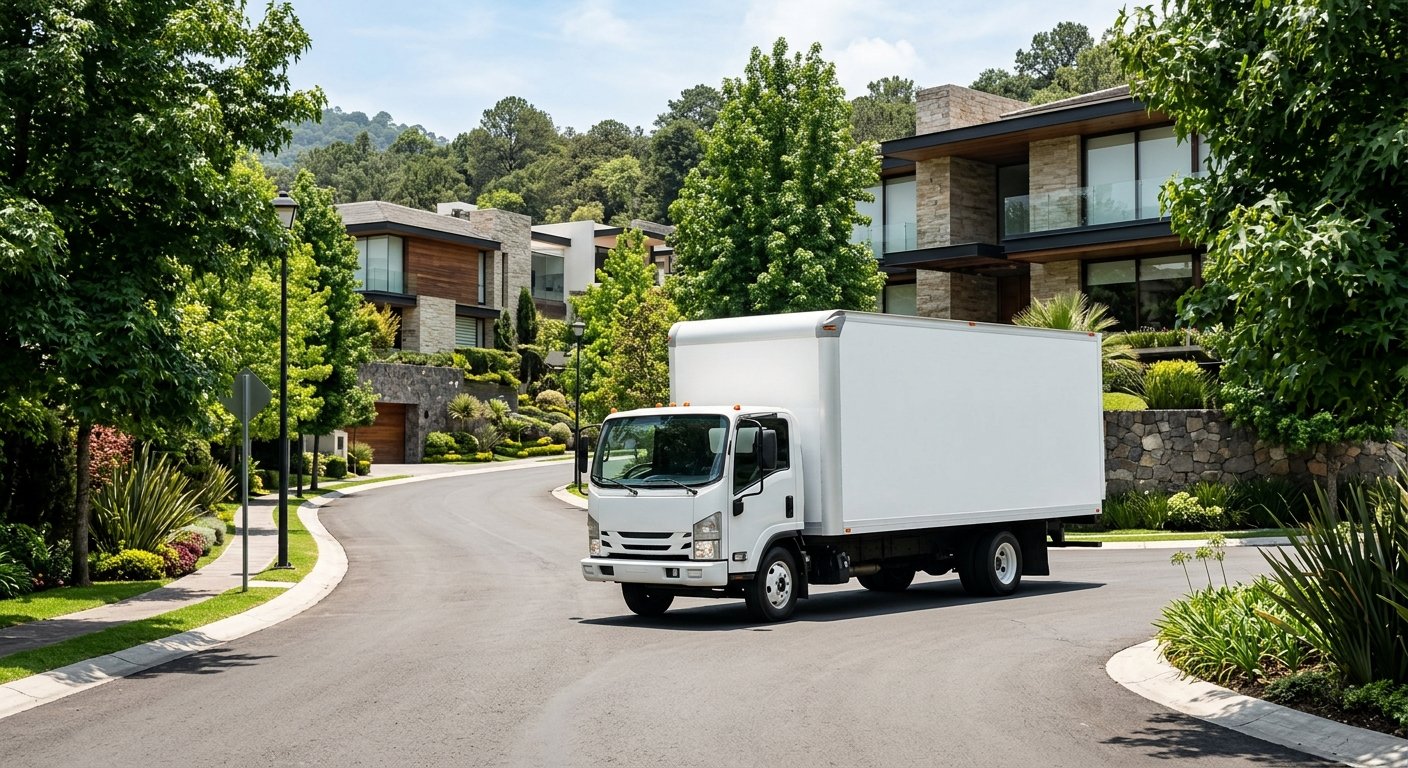 Camión de mudanzas de lujo transitando por zona residencial exclusiva de Huixquilucan